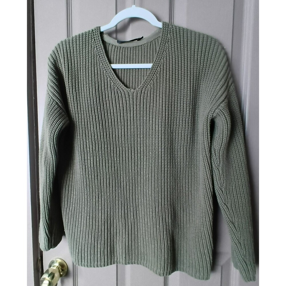 Jenni Kayne Women's Fisherman V Neck Sweather Long Sleeve Olive Green Sz S